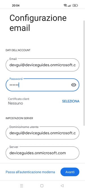 Inserisci Nome utente e l'indirizzo del server Exchange. Seleziona Avanti