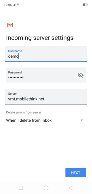 Enter Username and Incoming server address. Select NEXT