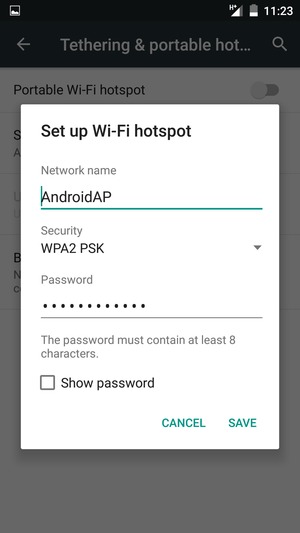 Enter a Wi-Fi hotspot password of at least 8 characters and select SAVE