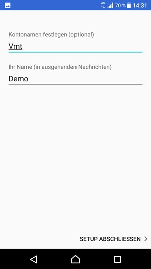 Geben Sie Ihrem Konto einen Namen und geben Sie Ihren Namen ein. Wählen Sie SETUP ABSCHLIESSEN
