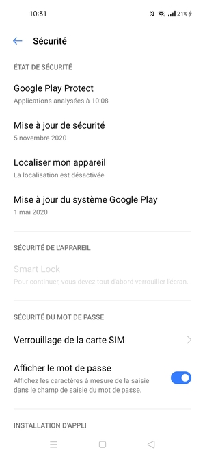 Faites défiler et sélectionnez Verrouillage de la carte SIM