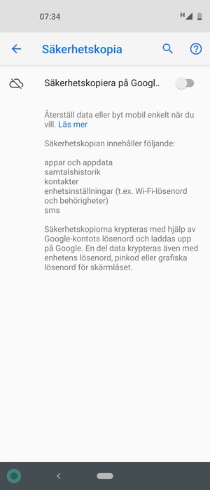 Aktivera Säkerhetskopiera på Googl..
