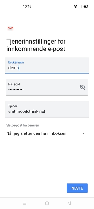 Skriv inn Brukernavn og innkommende serveradresse. Velg NESTE