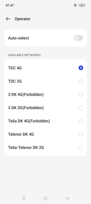 Select a network operator from the list