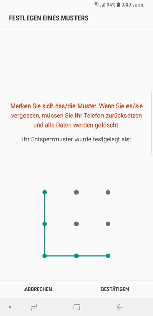 Zeichnen Sie das Entsperrmuster erneut und wählen Sie BESTÄTIGEN