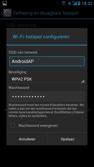Voer een wachtwoord van een WiFi-hotspot in van ten minste 8 tekens en selecteer Opslaan