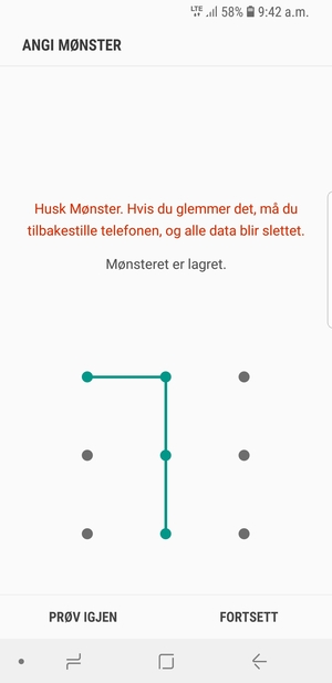 Tegn et opplåsingsmønster og velg FORTSETT