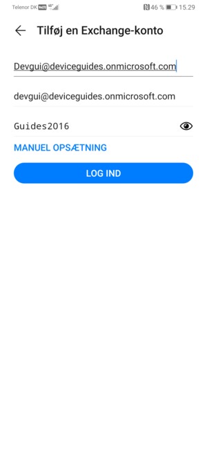 Indtast din e-mailadresse, brugernavn og adgangskode. Vælg MANUEL OPSÆTNING