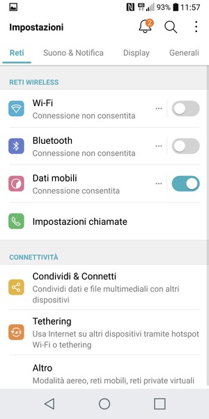 Seleziona Reti e Tethering