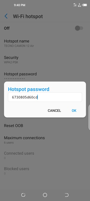 Enter a Wi-Fi hotspot password of at least 8 characters and select OK