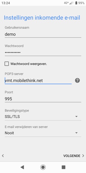 Voer Gebruikersnaam en binnenkomend serveradres in