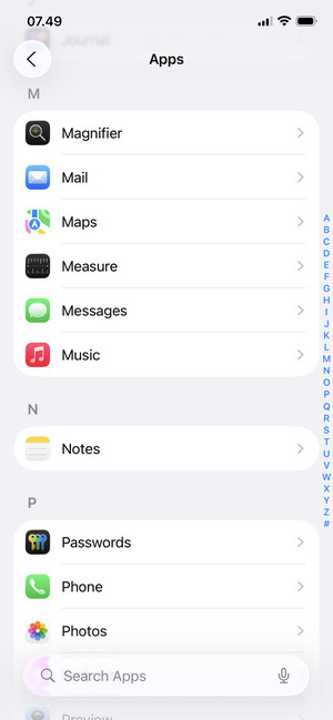 Scroll to and select Mail