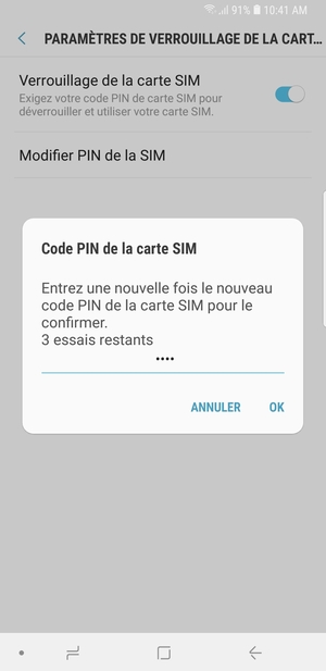 Veuillez confirmer votre nouveau code PIN de la carte SIM et sélectionner OK