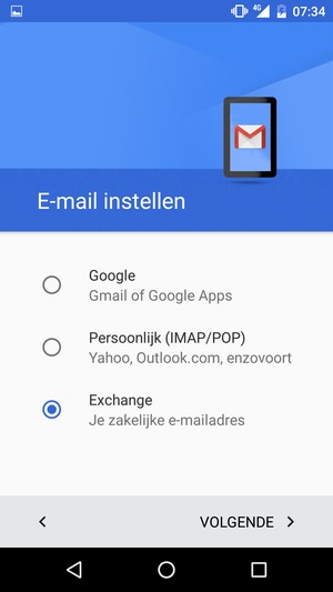 Selecteer Exchange en selecteer vervolgens VOLGENDE