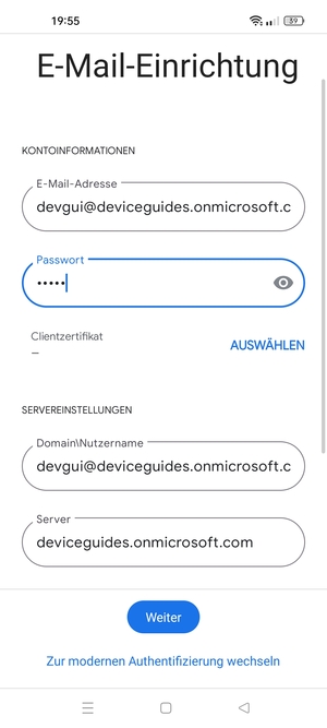 Geben Sie Benutzername und Exchange Server-Adresse ein. Wählen Sie Weiter