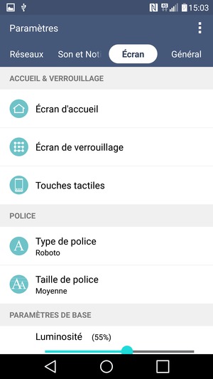Pour modifier le code PIN de la carte SIM, retournez dans le menu Paramètres et sélectionnez Général