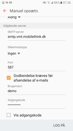 Scroll ned og indtast udgående serveradresse