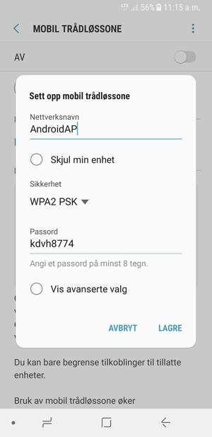 Skriv inn et passord på minst 8 tegn og velg LAGRE