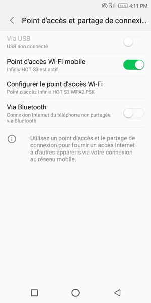 Votre téléphone est maintenant configuré pour être utilisé comme modem