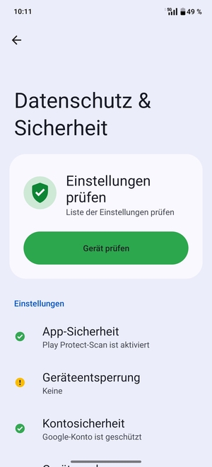 Um Ihre Bildschirmsperre zu aktivieren, gehen Sie zum Datenschutz & Sicherheit Menü und wählen Sie  Geräteentsperrung