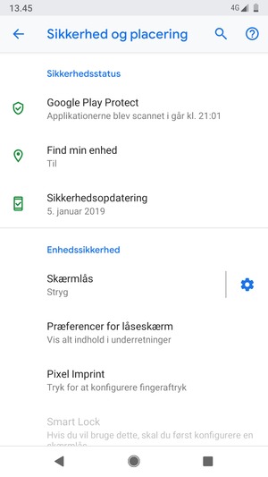For at aktivere din skærmlås, gå til menuen Sikkerhed og placering og vælg Skærmlås