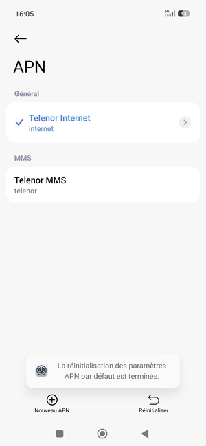 Votre téléphone va être réinitialisé avec les paramètres Internet et MMS par défaut