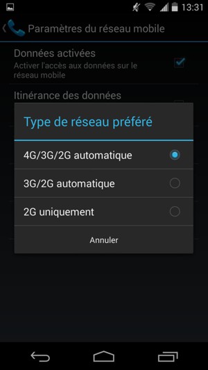 Sélectionnez 3G/2G automatique / GSM/WCDMA automatique pour activer la 3G