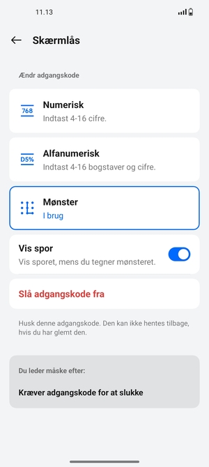 Din telefon er nu sikret med en skærmlås
