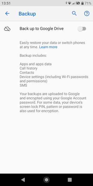 Turn on Back up to Google Drive