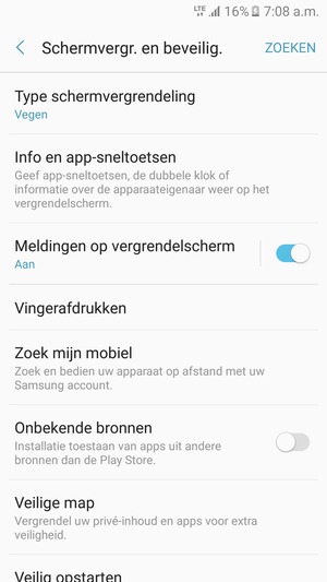 Om uw schermvergrendeling te activeren, ga naar het Schermvergr. en beveilig.-menu en selecteer Type schermvergrendeling