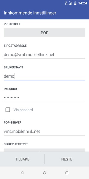 Skriv inn Brukernavn og innkommende serveradresse. Velg NESTE