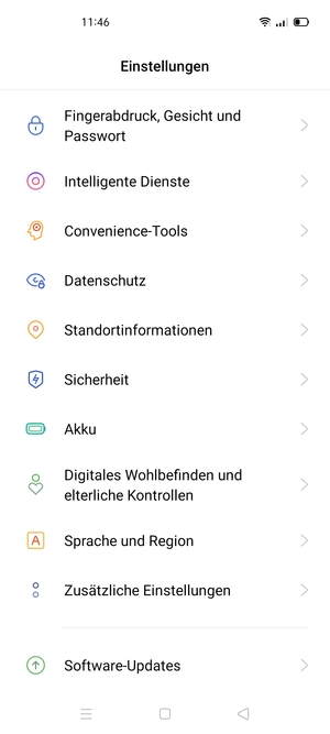 Um Ihre Bildschirmsperre zu aktivieren, gehen Sie zum Einstellungen Menü und wählen Sie  Fingerabdruck, Gesicht und Passwort