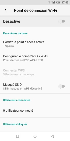 Sélectionnez Réglages du point d'accès Wi-Fi et gestion des utilisateurs / Configurer le point d'accès Wi-Fi
