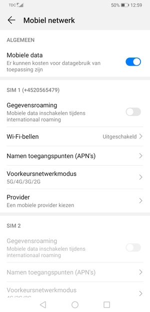 Scroll naar SIM 1 of SIM 2 en selecteer Voorkeursnetwerkmodus