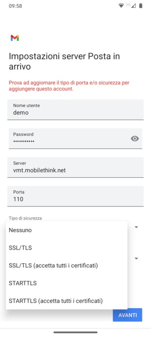 Seleziona Nessuno e AVANTI