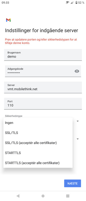 Vælg Ingen og NÆSTE