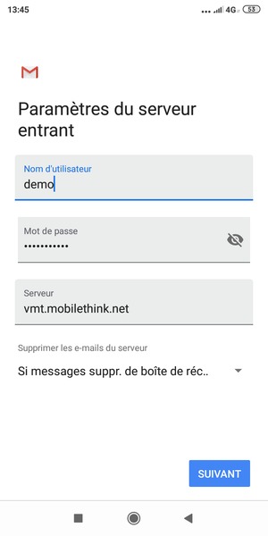 Saisissez votre Nom d'utilisateur et l'adresse du serveur entrant. Sélectionnez SUIVANT