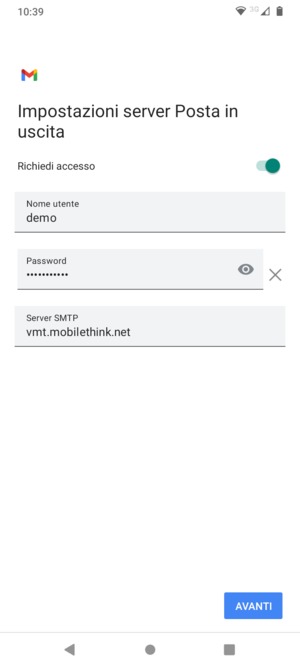 Inserisci l'indirizzo del server di posta in uscita