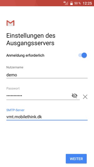 Geben Sie die Server-Adresse für ausgehende Post ein und wählen Sie WEITER