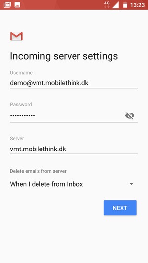 Enter Username and Incoming server address. Select NEXT