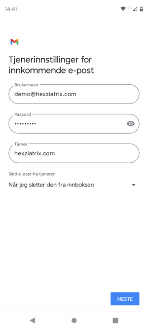Skriv inn Brukernavn og innkommende serveradresse. Velg NESTE