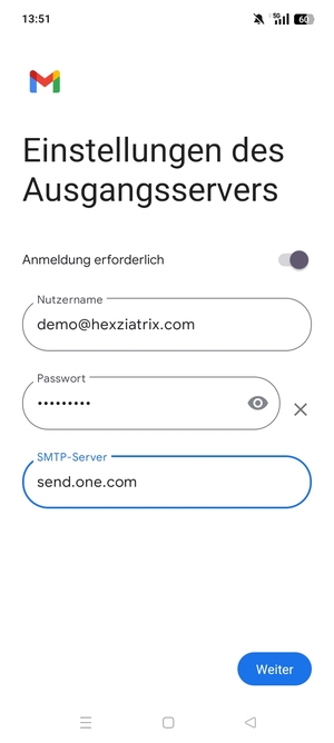 Geben Sie die Server-Adresse für ausgehende Post ein und wählen Sie Weiter
