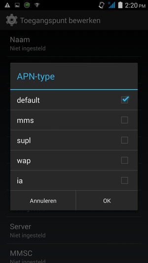 Vink het selectievakje mms aan en selecteer OK