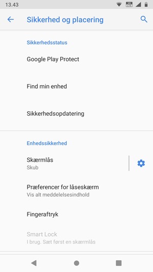 For at aktivere din skærmlås, gå til menuen Sikkerhed og placering og vælg Skærmlås