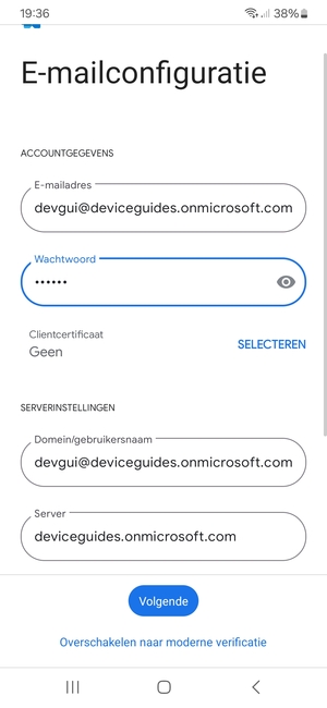 Voer Gebruikersnaam en Exchange serveradres in. Selecteer Volgende