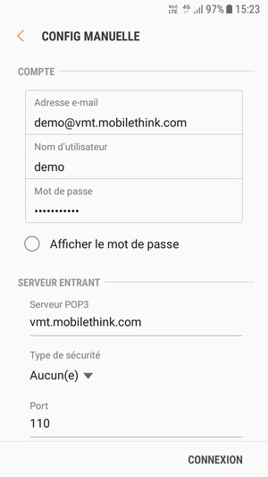 Saisissez votre Nom d'utilisateur et l'adresse du serveur entrant