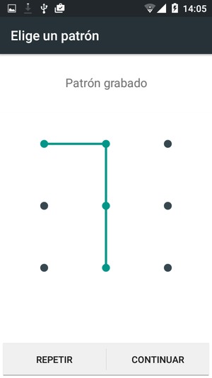 Dibuje de nuevo el patrón de desbloqueo y seleccione CONTINUAR