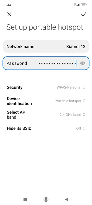 Enter a Wi-Fi hotspot password of at least 8 characters and select SAVE