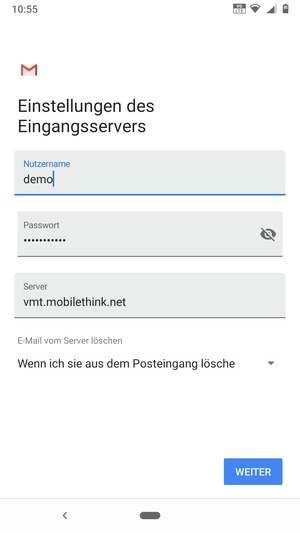 Geben Sie Benutzername und die Server-Adresse für eingehende Post ein. Wählen Sie WEITER