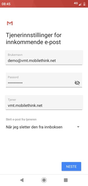 Skriv inn Brukernavn og innkommende serveradresse. Velg NESTE